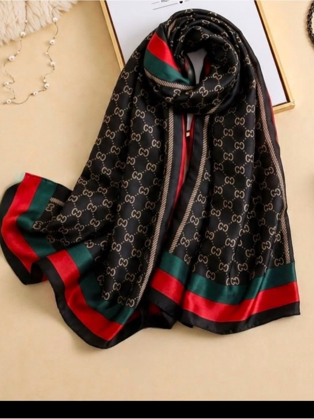 Black Logo Print Silk Scarf with Red & Green Trim